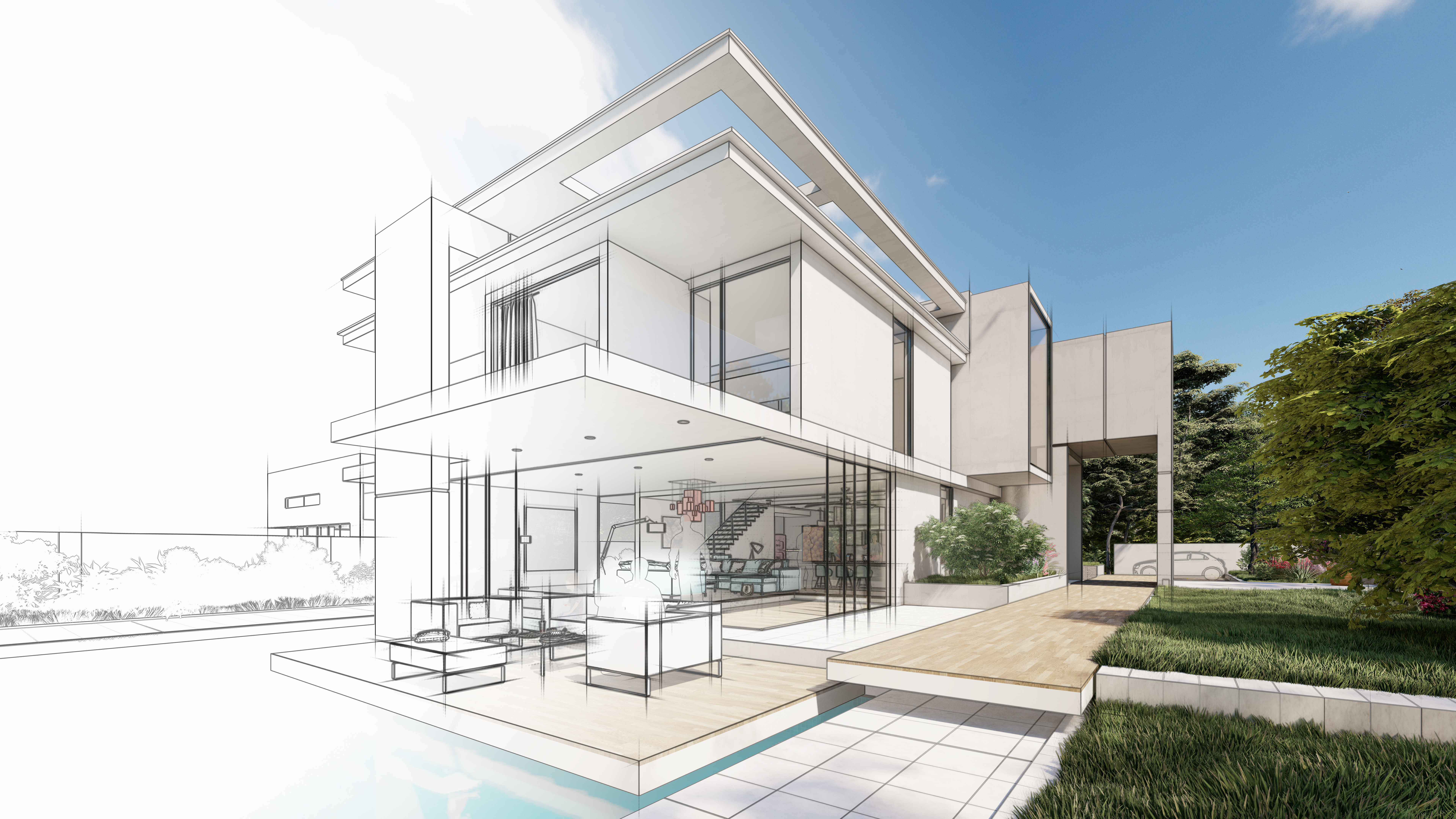 3d rendering modern villa with pool garden